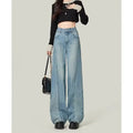 American Style High Waist Loose Women's Blue Jeans Retro Straight Leg Pants Drapey Floor-Length Trousers Versatile Wide Leg Pant