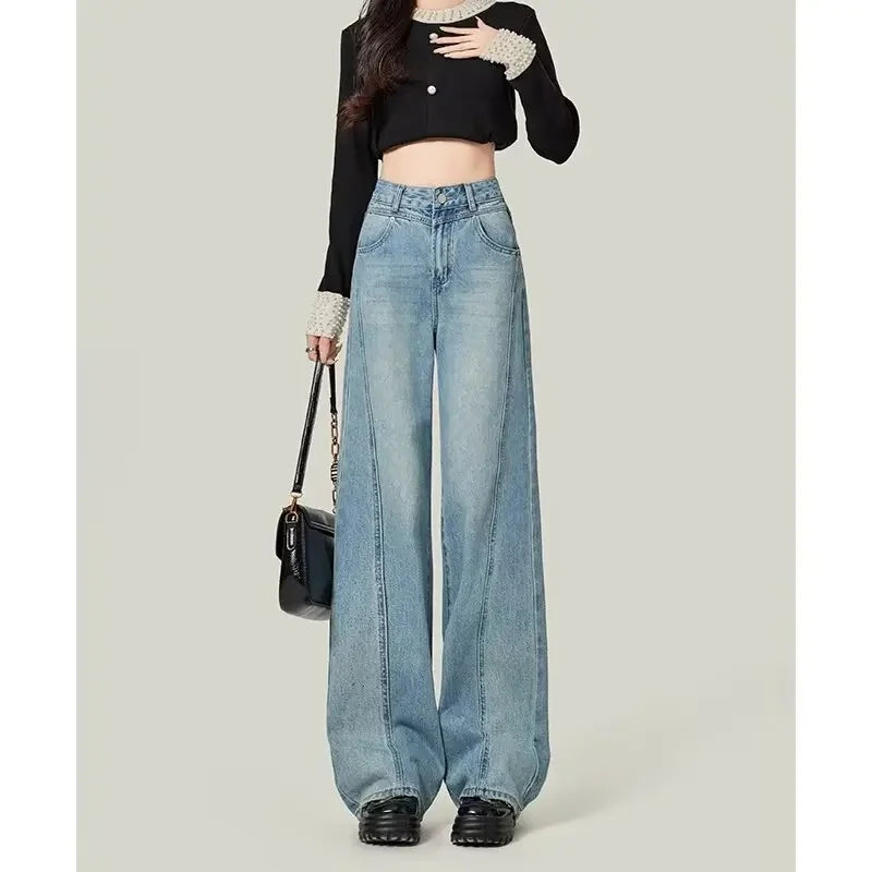 American Style High Waist Loose Women's Blue Jeans Retro Straight Leg Pants Drapey Floor-Length Trousers Versatile Wide Leg Pant