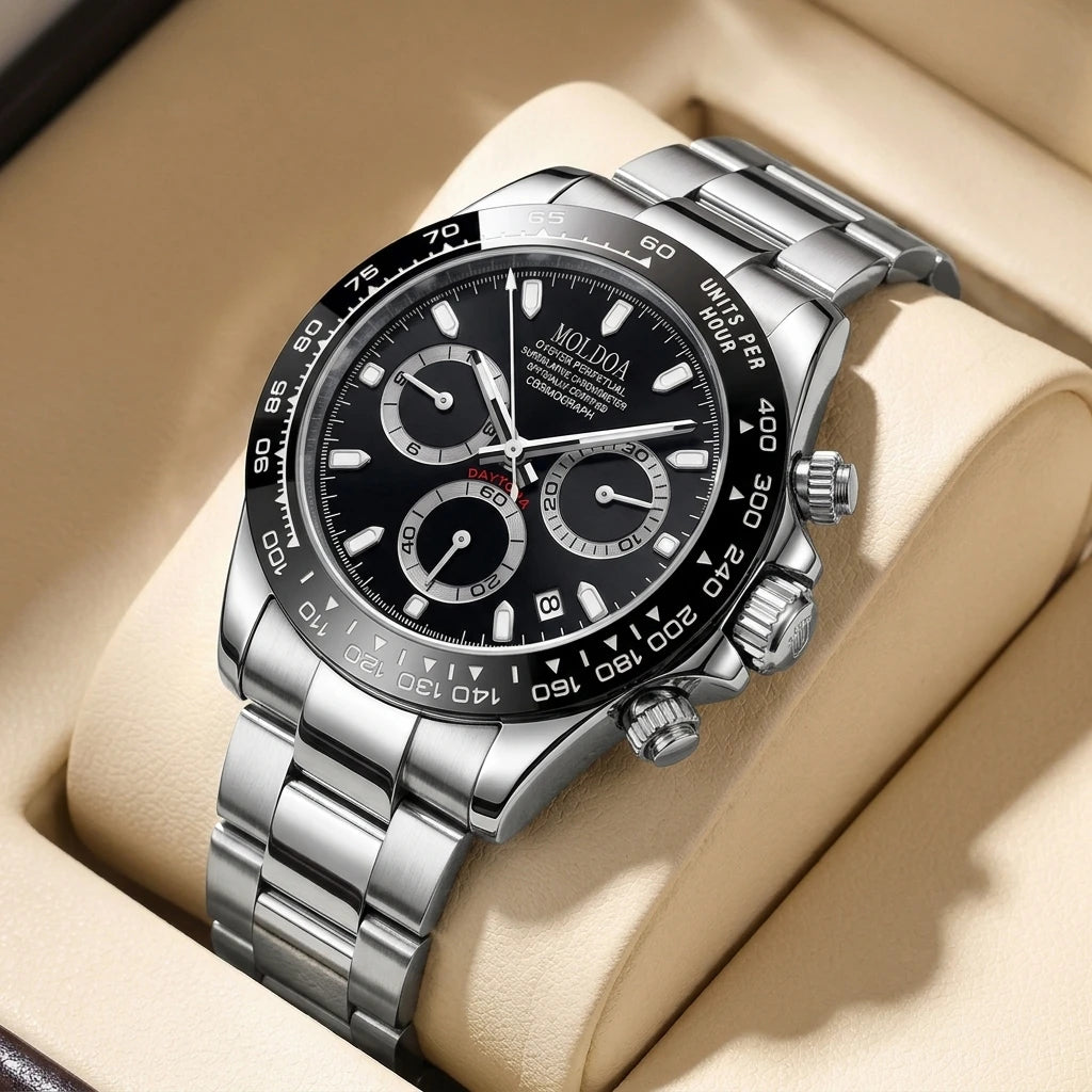 A Men's Silver Stainless Steel Trendy Multifunctional Quartz Watch with Dot and Line Display