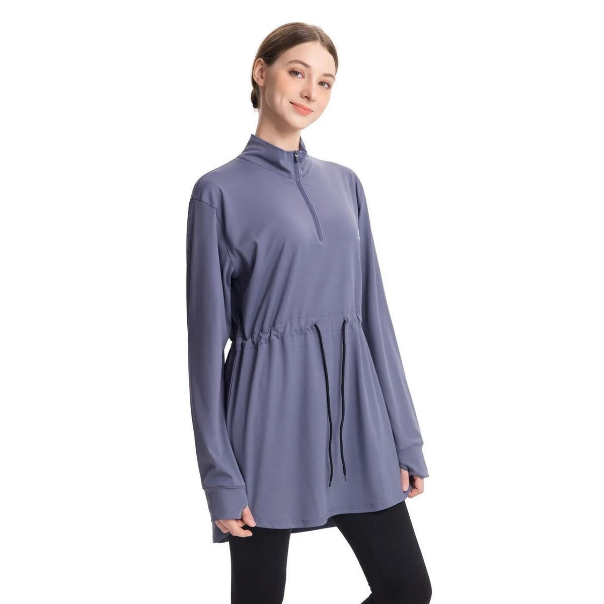 Conservative Long Sleeve Yoga Clothes Drawstring Waist Fitness Suit Multicolored plus Size Modest Tunic for Women Running Gym