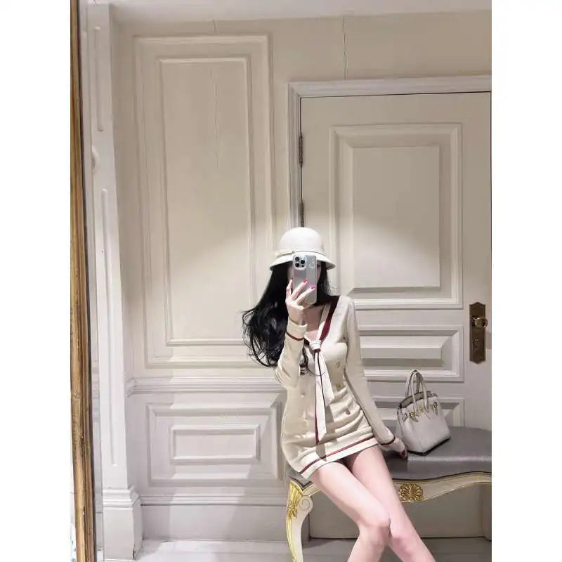 French Style Splice Color V-Neck Dress Slim Fit Short Tight Bodycon Skirt Autumn Winter Korean Style Fashionable Wrap Dress