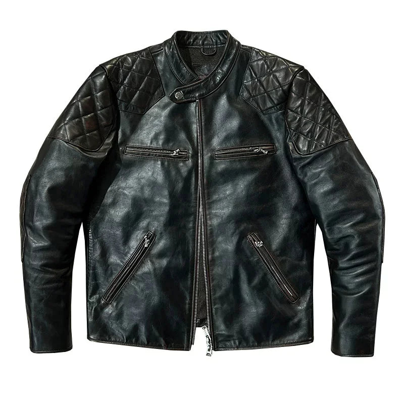 Black Winter Leather Jacket Men Vintage Style Plus Size 5XL Genuine Natural Cowhide Stand Collar Slim Fit Leather Coat