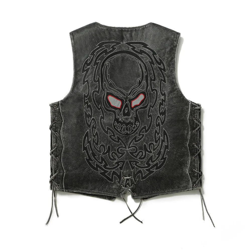 Black Spring Leather Vest Men Skull Embroidery Retro Style Plus Size 5XL Genuine Natural Cowhide Single Breasted Sleeveless Coat
