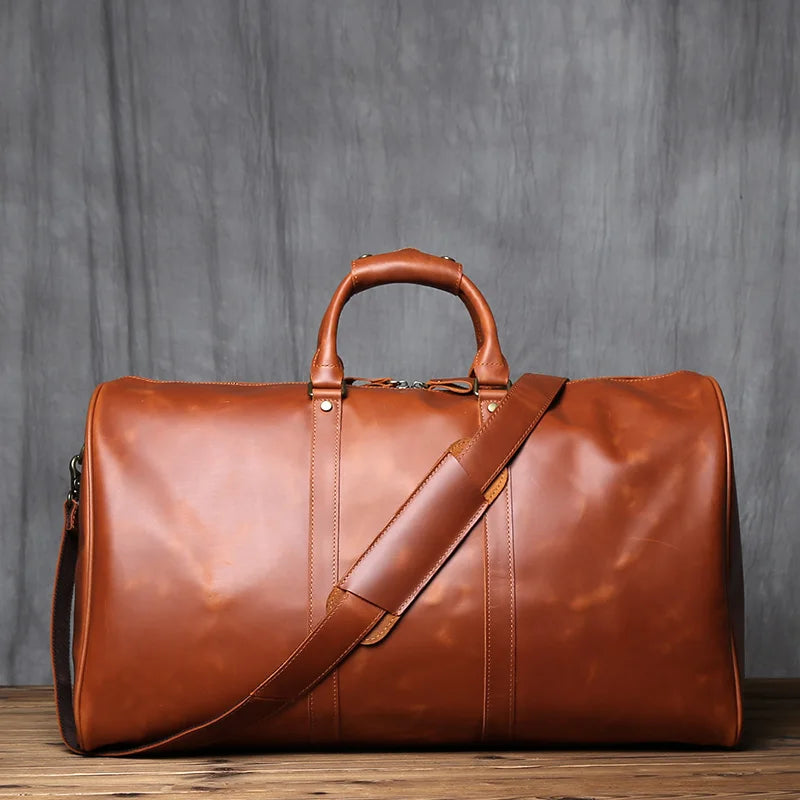 NZPJ Vintage Genuine Leather Men's Travel Bag Large Capacity Crazy Horse Leather Handbag Natural Cowhide Shoulder Crossbody Bag