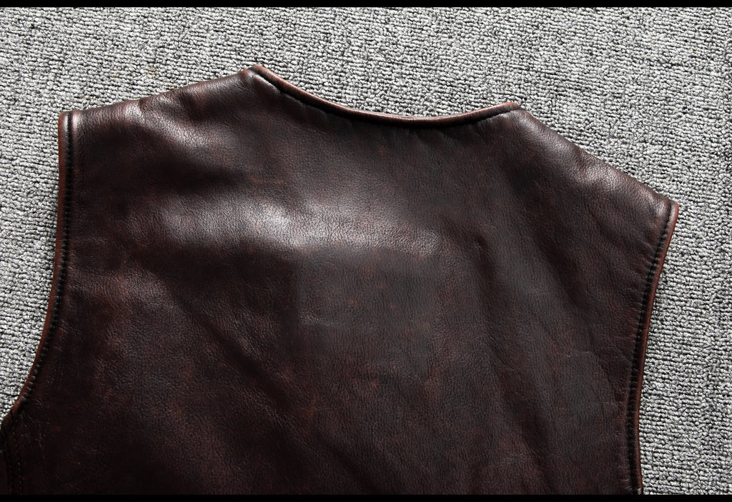 Red Brown Spring Leather Vest Men Retro Style Plus Size 6XL Genuine Natural Cowhide O-Neck Collar Slim Fit Short Sleeveless Coat