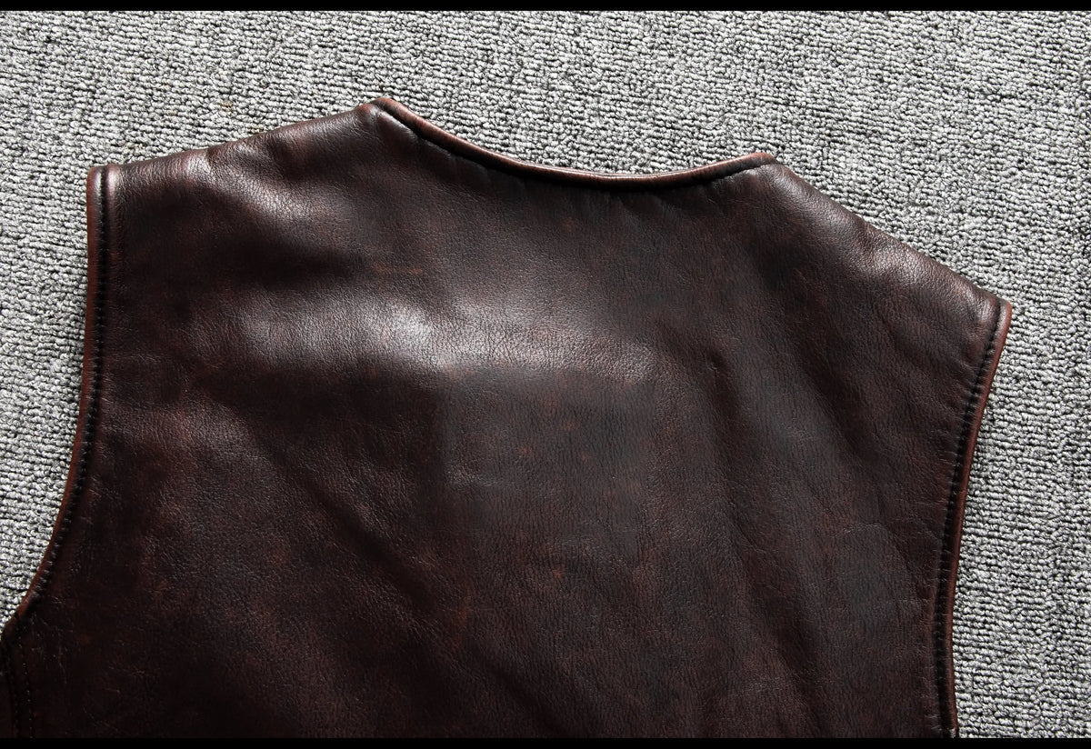 Red Brown Spring Leather Vest Men Retro Style Plus Size 6XL Genuine Natural Cowhide O-Neck Collar Slim Fit Short Sleeveless Coat