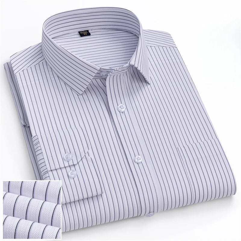 Men Formal Shirt Long Sleeve Office Solid Color Striped Fashion Business Pocket White Social Shirt Men's Clothing 5XL 6XL