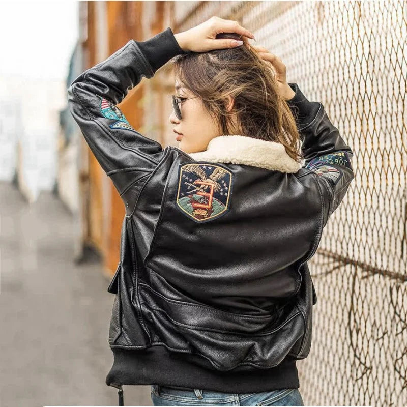 Women Winter Leather Jacket Military Style Genuine Natural Thick Cowhide Wool Turn-Down Collar Dark Brown G1 Flight Coat