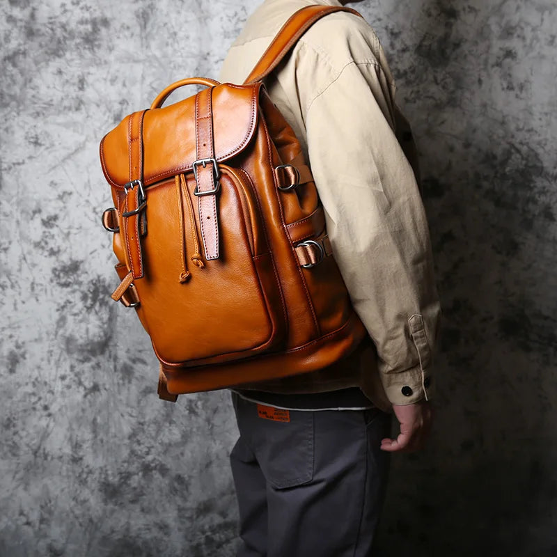 NZP Retro Leather Men's Backpack European and American Fashion Travel Bag Top Layer Cowhide Casual School Bag Laptop Bag