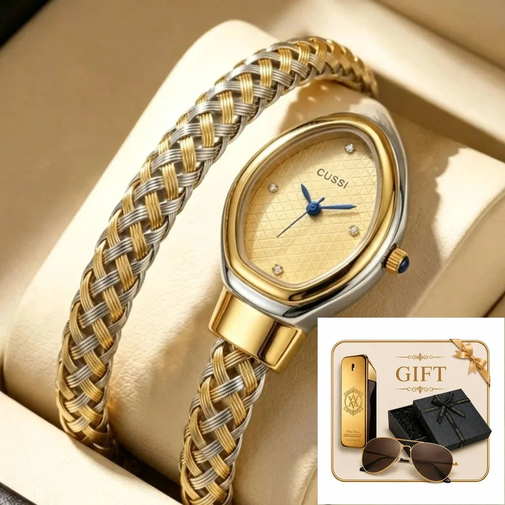 4pc Women's Gold-Silver Braided Metal Elegant Diamond Accents Quartz Watch & Bracelets Gift Set for Birthday, Valentine's Day