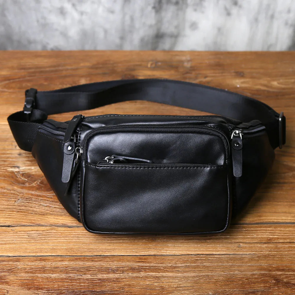 NZPJ Men's Genuine Leather Chest Bag - Top-Grain Cowhide Waist Bag / Crossbody Bag with Multiple Compartments & Phone Pocket