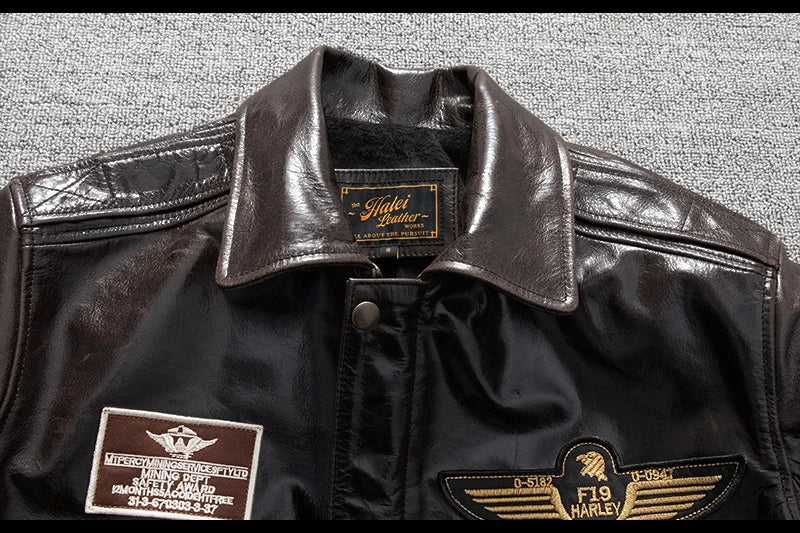 Men's Genuine Leather Military Flight Jacket | Real Leather Embroidered Patches G-1 Bomber Pilot High-Gloss Oil-Wax Brown