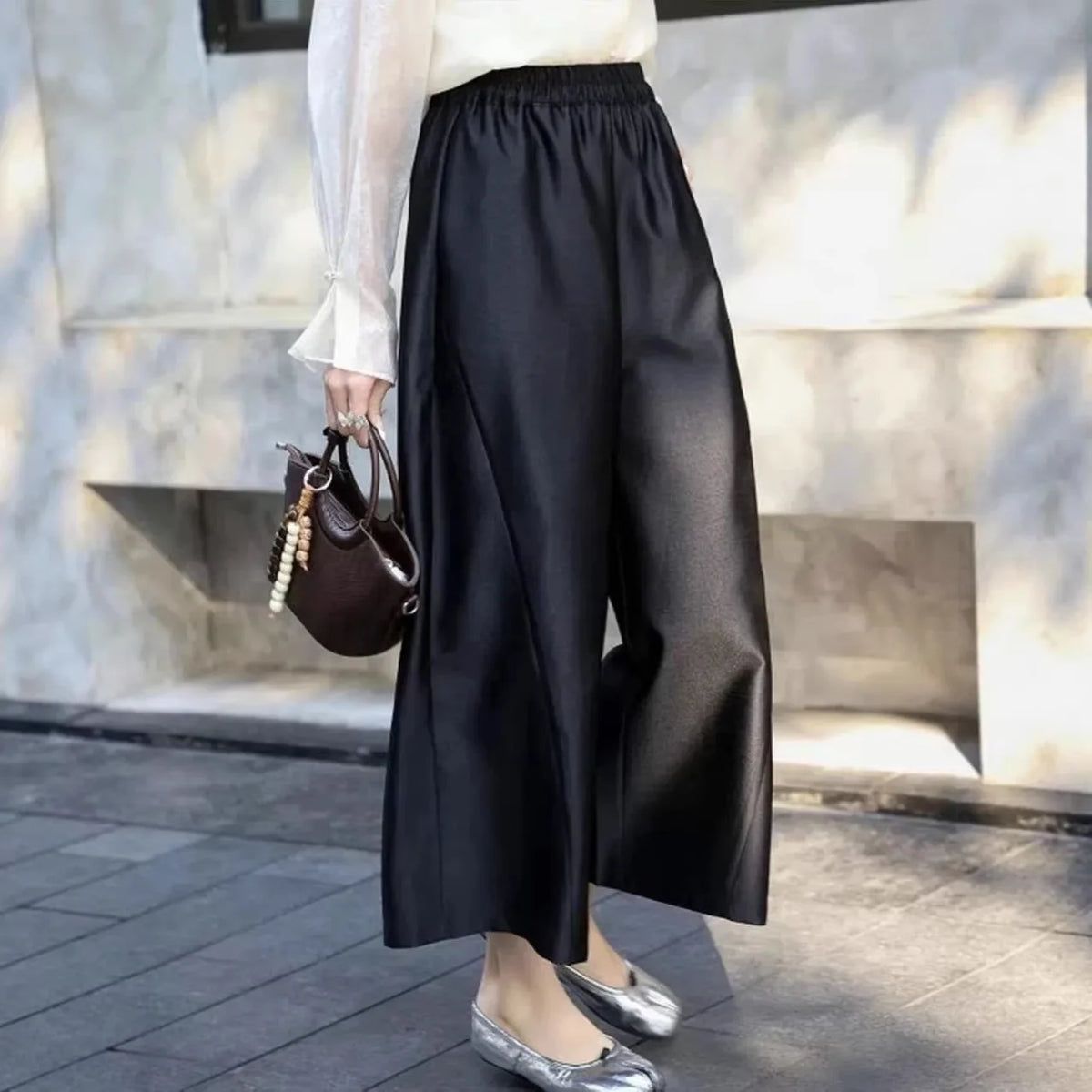New Chinese Style Nine-Piece Silk-Light Casual Pants Women's Loose Fit Trousers in Peach Blossom White Elegant And Retro