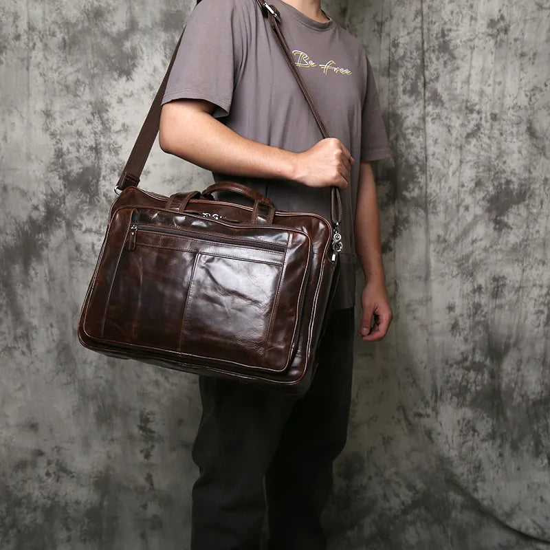 NZPJ Vintage Top Layer Cowhide Leather Men's Briefcase Large Capacity Handbag Business Casual Single Shoulder Slant Computer Bag