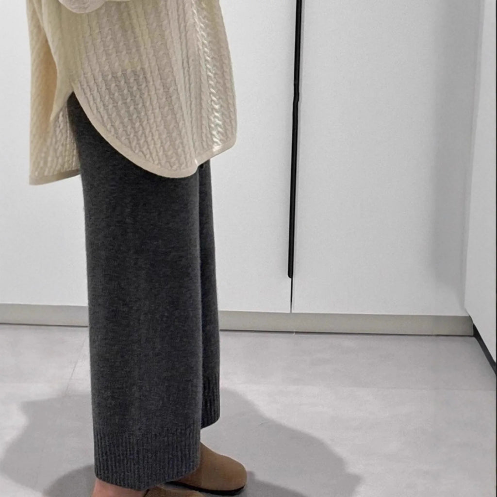 Gray Woolen Knitted Wide Leg Pants Women's Casual Straight Leg Sweatpants Small Size Comfortable Loose Fit Autumn Winter