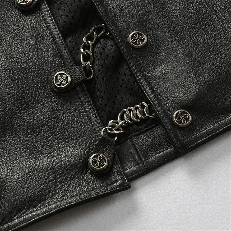 Black Spring Leather Vest Men Sports Style Plus Size 4XL Genuine Natural Cowhide Single Breasted Short Vest