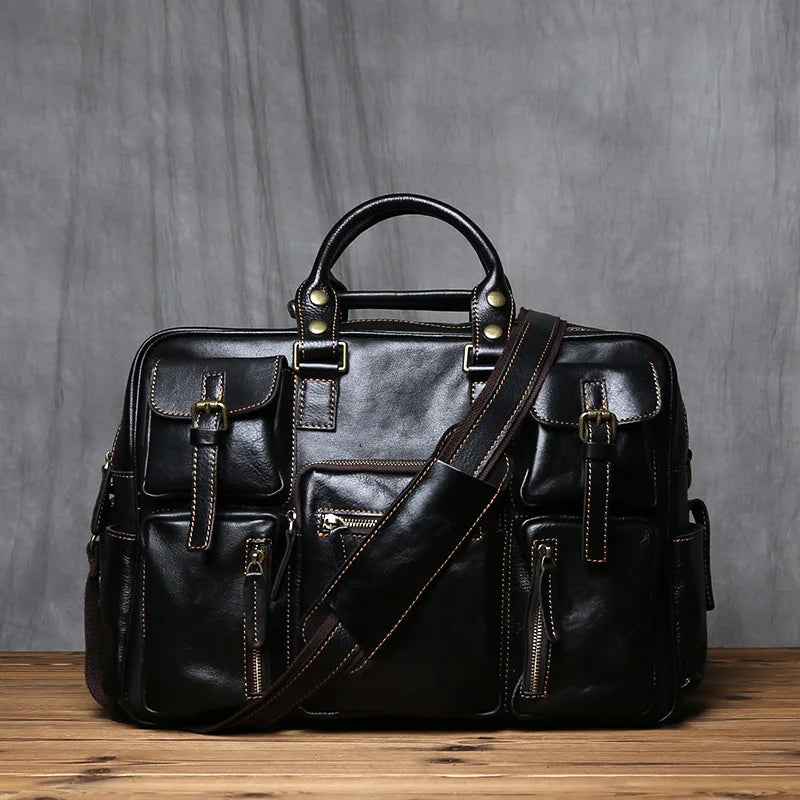 Retro Men's Leather Handbag Top Layer Cowhide Briefcase Large Capacity Travel Bag Crazy Horse Leather Laptop Shoulder Bag NZPJ