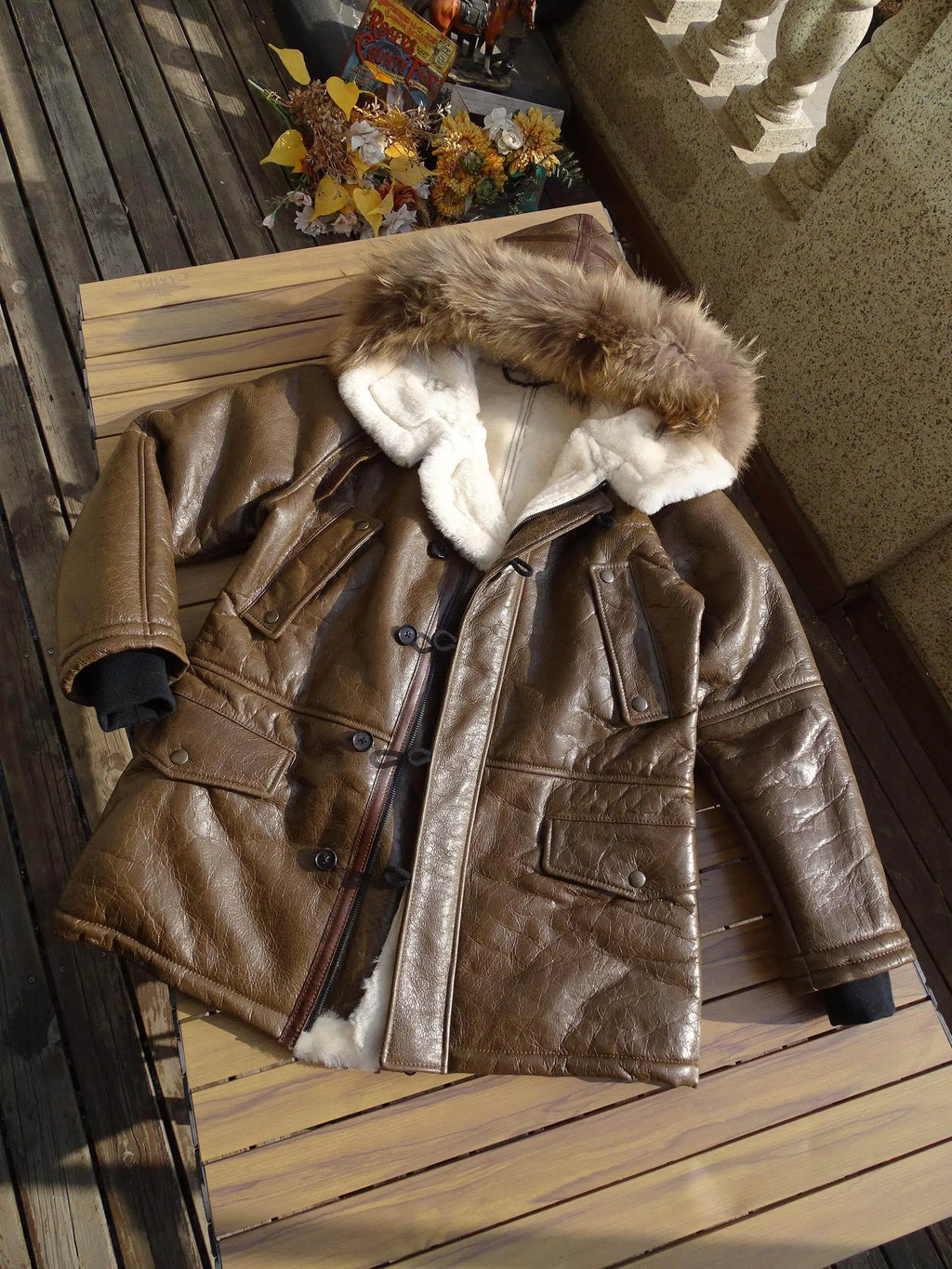 Brown Hooded Winter Shearling Jacket Men Casual Style Plus Size 5XL Genuine Natural Sheepskin Thick Warm Leather Coat