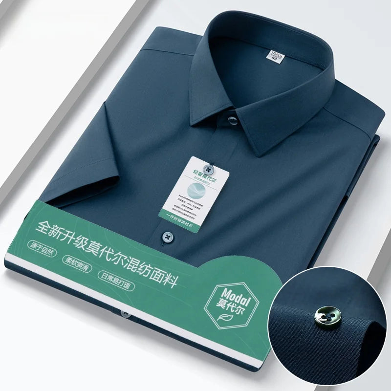 Iron-Free Ice Silk Modal Men's Business Style Slim Fit Short Sleeve Shirt Pure Color Breathable Comfortable Office Work Shirt
