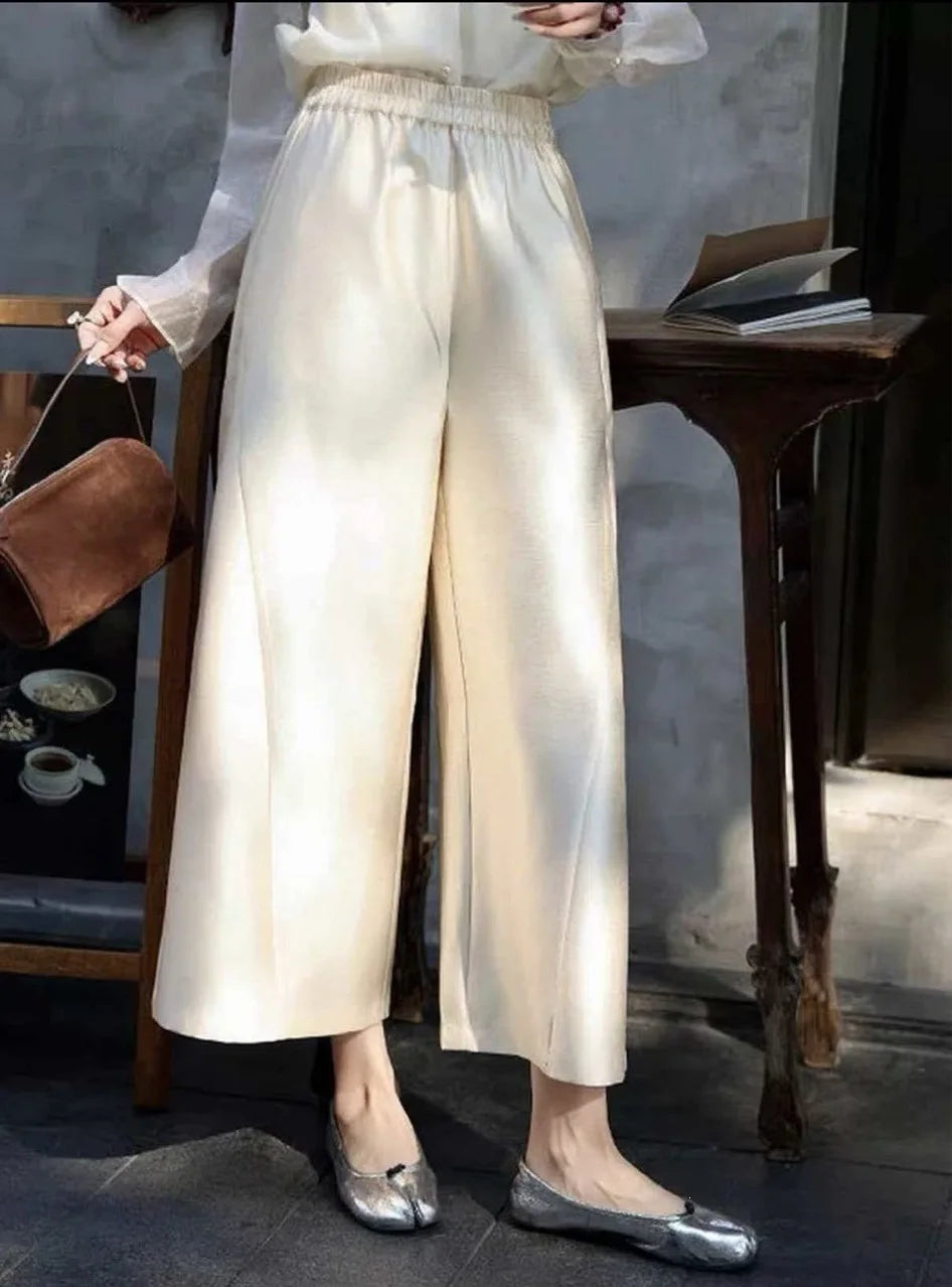 New Chinese Style Nine-Piece Silk-Light Casual Pants Women's Loose Fit Trousers in Peach Blossom White Elegant And Retro