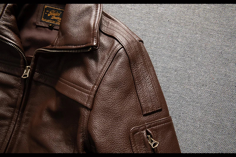 Men's Brown Leather Jacket  Vintage Flight Jacket with Stand Collar, Military Style, Front Zipper, Sleeve Pocket, Ribbed Hem