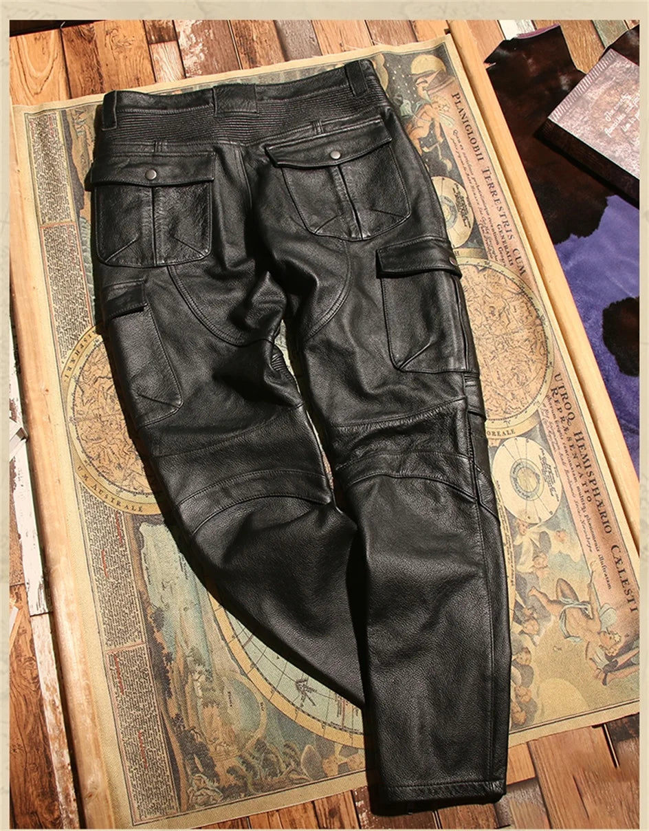 Retro Black Winter Leather Trousers Men Vintage Style Genuine Natural Cowhide Can Add Motorcycle Protection Device Leather Pants