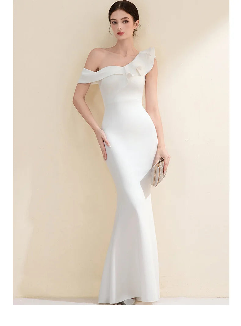 Elegant Evening Gown Slimming Fish Tail Dress Fashionable Shoulder Bared Polyester Long Sleeve High Waist Party Dress