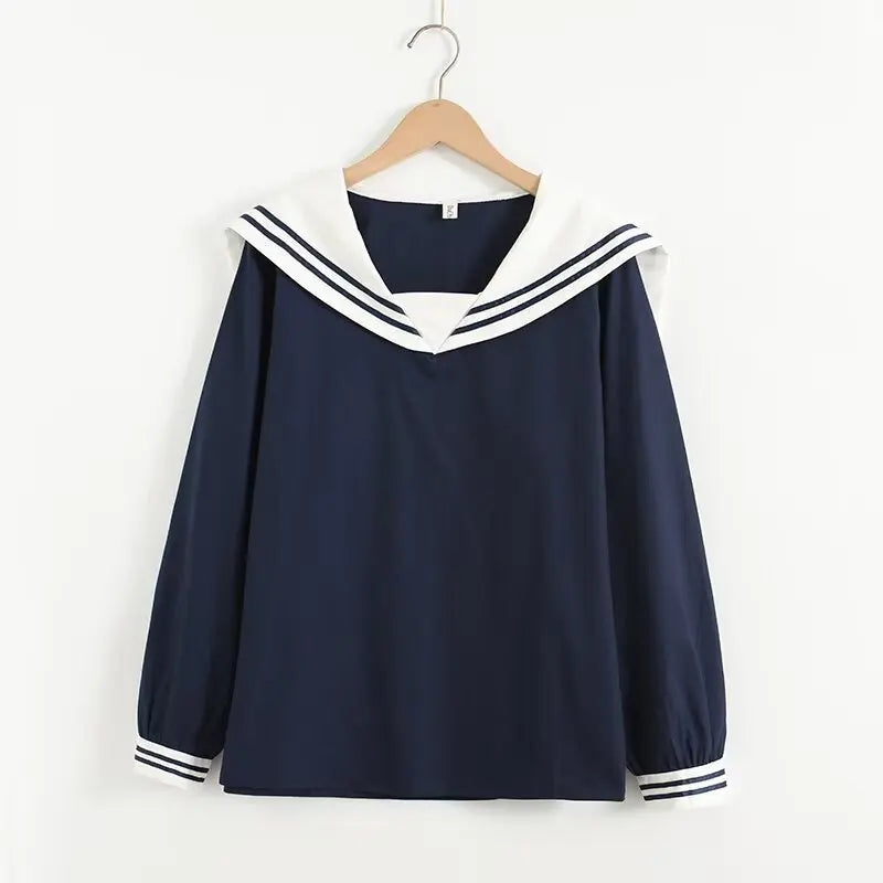 Loose Fit Striped Long Sleeve Crew Neck Women's Shirt Korean Style Navy Theme Autumn Fashion Fresh Sweet College Style