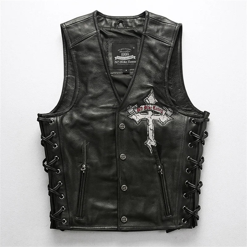 Black Four Seasons Leather Vest Men Sports Style Plus Size 4XL Genuine Natural Cowhide Single Breasted Skulls Embroidery Vest
