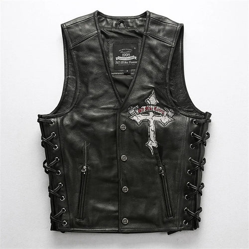 Black Four Seasons Leather Vest Men Sports Style Plus Size 4XL Genuine Natural Cowhide Single Breasted Skulls Embroidery Vest