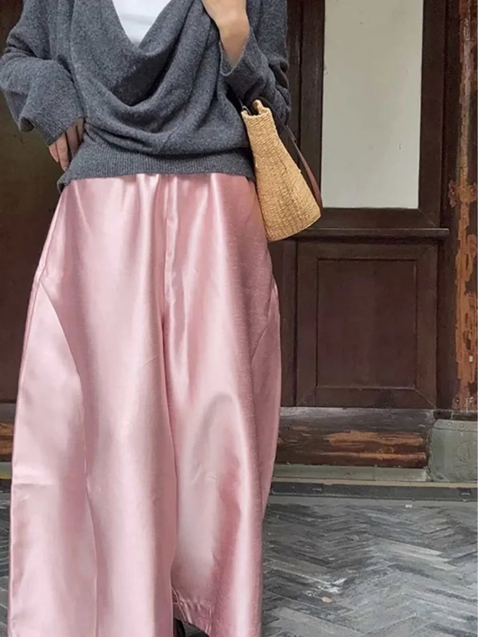 New Chinese Style Nine-Piece Silk-Light Casual Pants Women's Loose Fit Trousers in Peach Blossom White Elegant And Retro