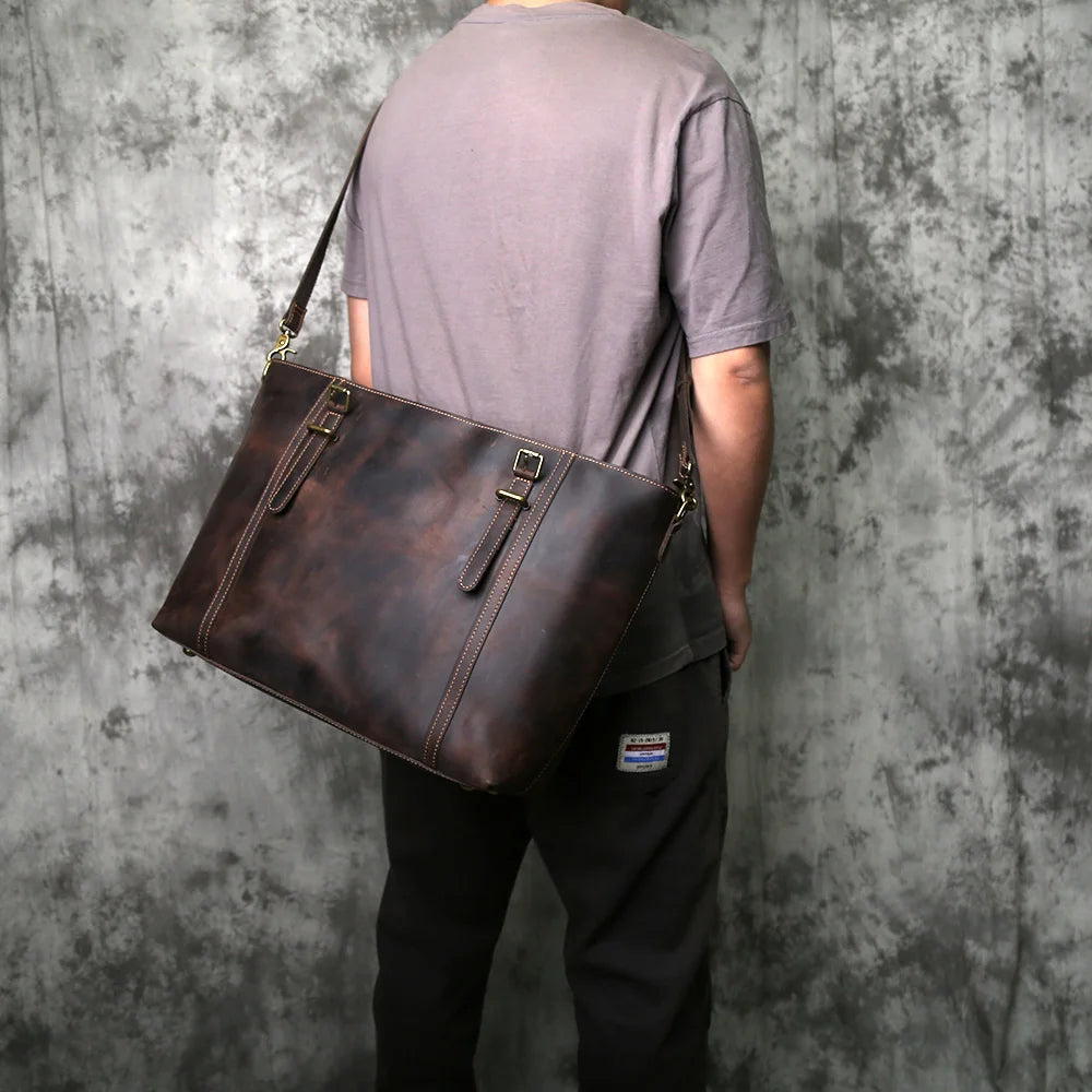 NZPJ Vintage Genuine Leather Tote Bag Crazy Horse Leather Handheld Crossbody Bag Top-Grain Cowhide Briefcase for Men and Women