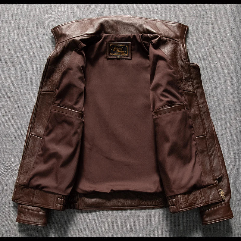 Men's Brown Leather Jacket  Vintage Flight Jacket with Stand Collar, Military Style, Front Zipper, Sleeve Pocket, Ribbed Hem