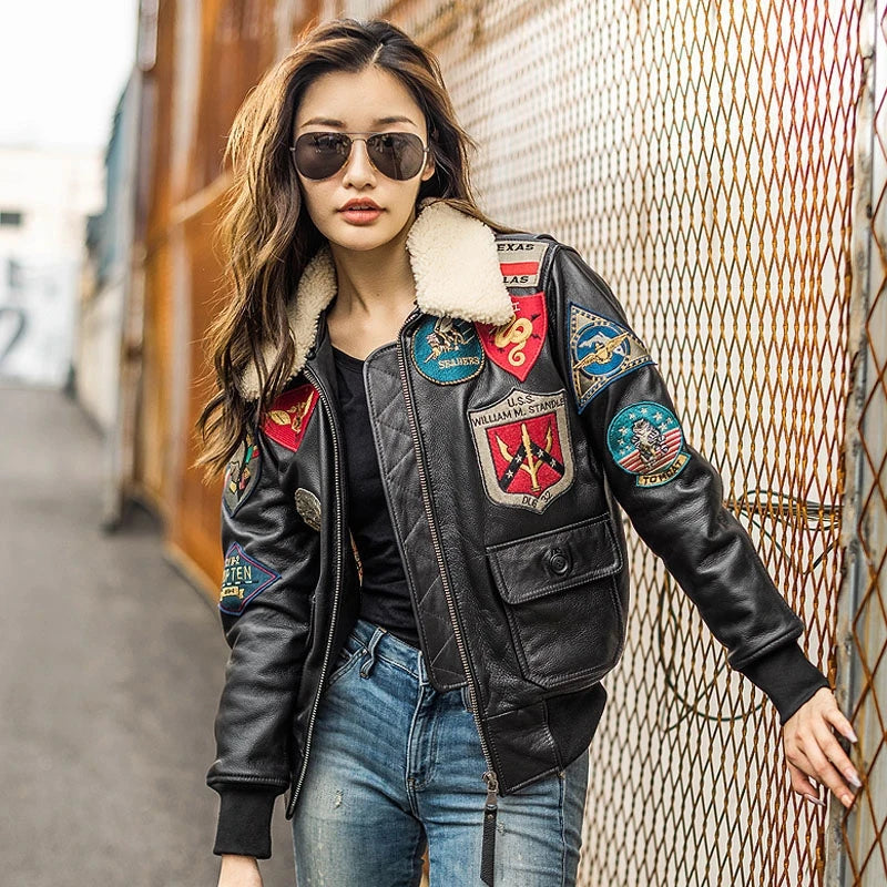Women Winter Leather Jacket Military Style Genuine Natural Thick Cowhide Wool Turn-Down Collar Dark Brown G1 Flight Coat