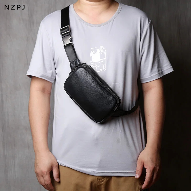 NZPJ Genuine Leather Men's Chest Bag, Natural Cowhide Crossbody Bag, Casual Shoulder Bag, Sports Multifunctional Phone Waist Bag