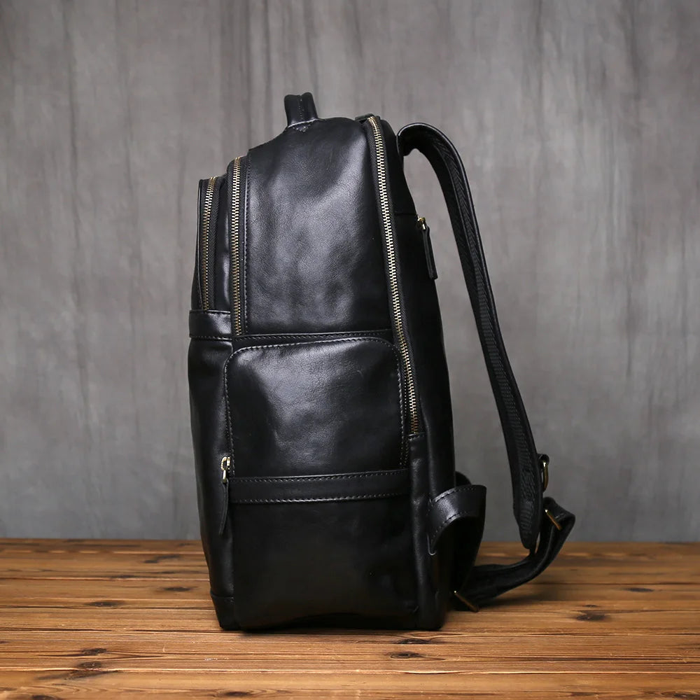 NZPJ Genuine Leather Men's Backpack Top-Grain Cowhide Casual Travel Backpack Multi-Compartment 16-Inch Laptop Bag