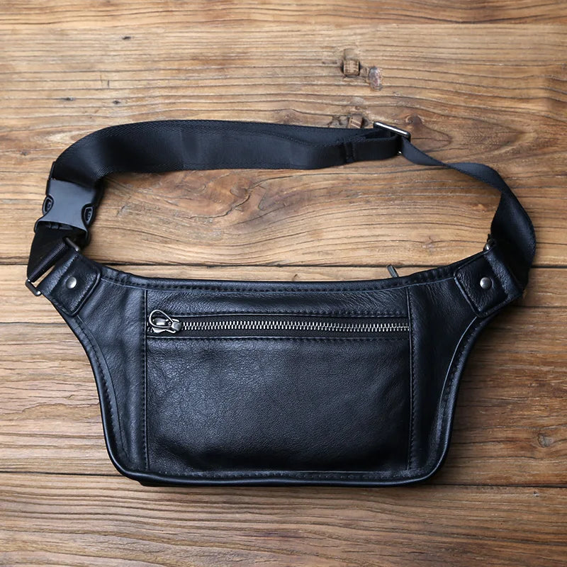 NZPJ Men's Genuine Leather Waist Bag First Layer Leather Casual Chest Bag Soft Leather One-shoulder Crossbody Bag Man Belt Pouch
