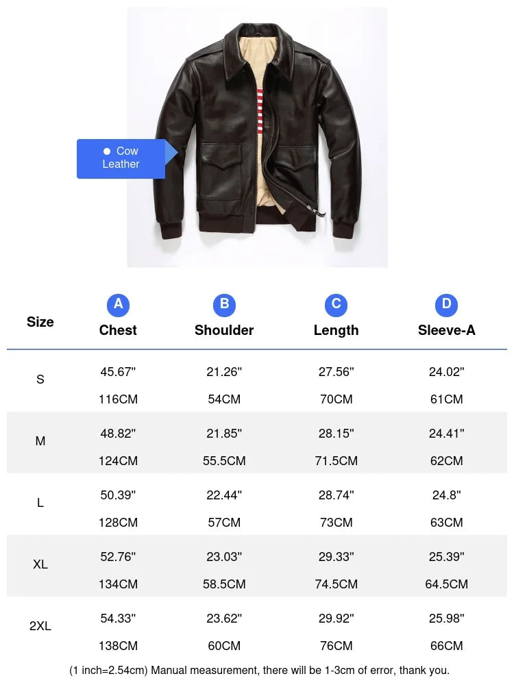 Black Winter Leather Jacket Men Military Style Europe Size Genuine Natural Thick Cowhide Warm Turn-Down Collar A2 Flight Coat