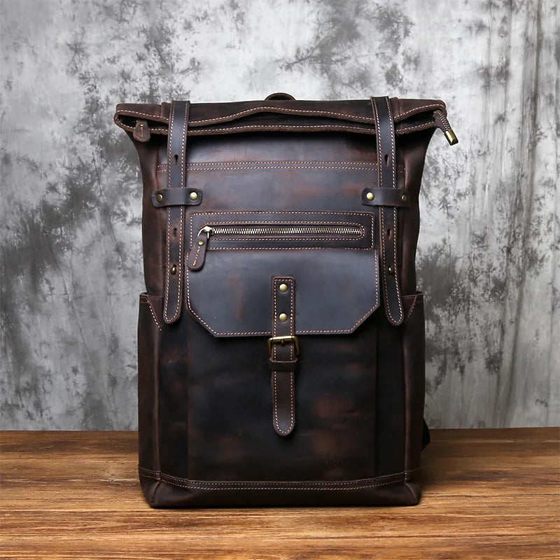 NZPJ Vintage Genuine Leather Men's Backpack Crazy Horse Leather Computer Bag Natural Top Layer Cowhide Backpack Travel Bag