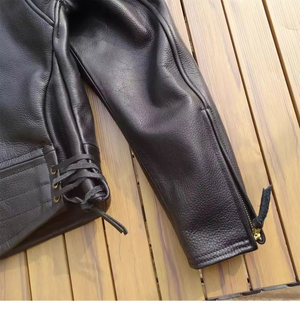 Black Winter Leather Jacket Men Sports Style Plus Size 5XL Genuine Natural Thick Cowhide Turn-Down Collar Mounted Police Coat