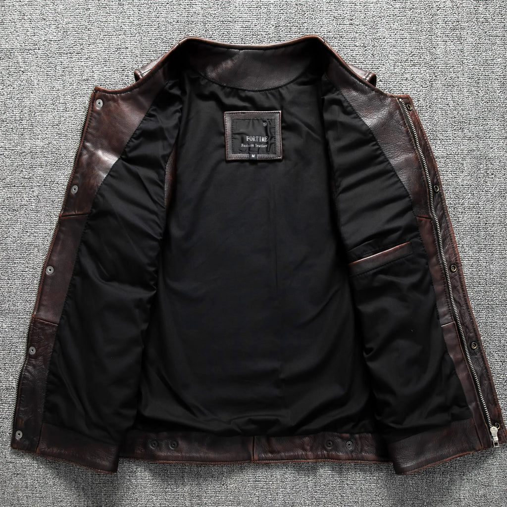 Red Brown Spring Leather Vest Men Retro Style Plus Size 6XL Genuine Natural Cowhide O-Neck Collar Slim Fit Short Sleeveless Coat