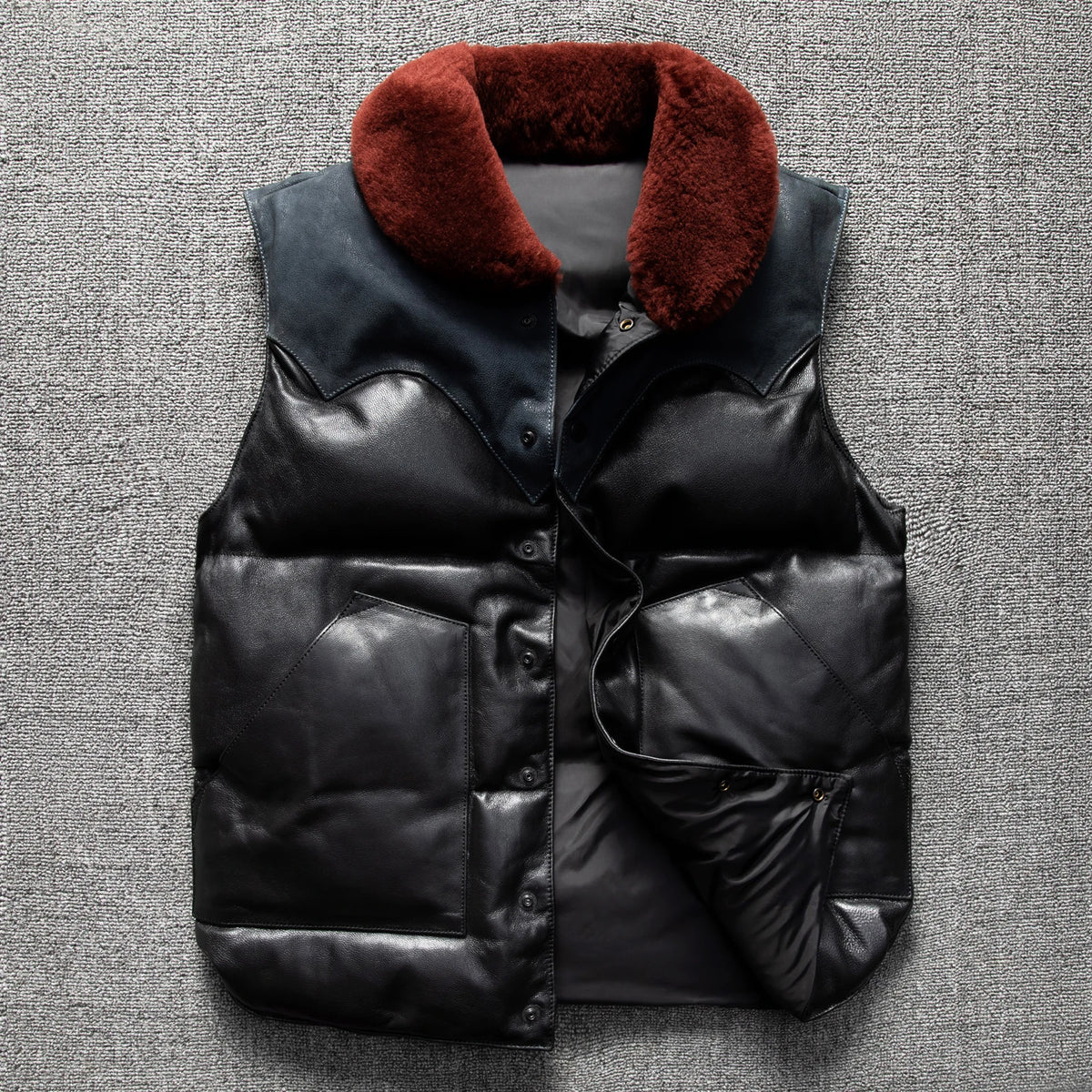 Black Blue Winter Vest Men Retro Style Plus Size 5XL Genuine Natural Sheepskin Wool Collar Single Breasted Spliced Down Vest