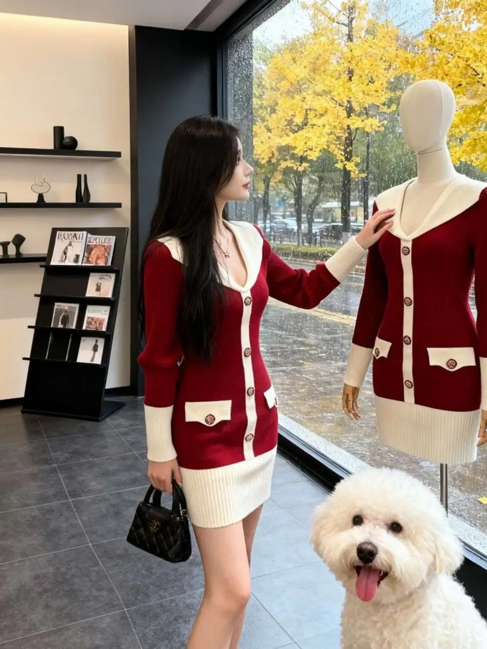 Elegant Knitted Wrap Dress Hepburn Style High Collar Button Slim Fit mid Length Polyester Fabric Commute Style Long Sleeve