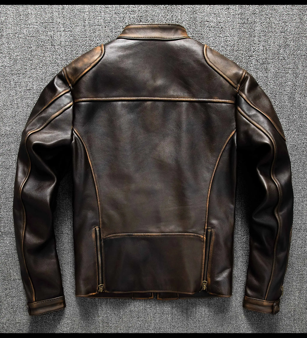 Dark Brown Autumn Leather Jacket Men Retro Style Plus Size 6XL Genuine Natural Cowhide Stand Collar J100 Motorcycle Sports Coat