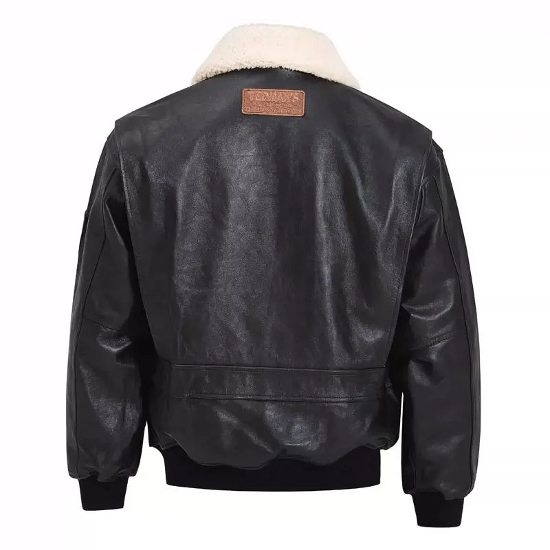 Black Winter Leather Jacket Men Retro Style Europe Size Genuine Natural Thick Sheepskin Turn-Down Collar Military G1 Flight Coat