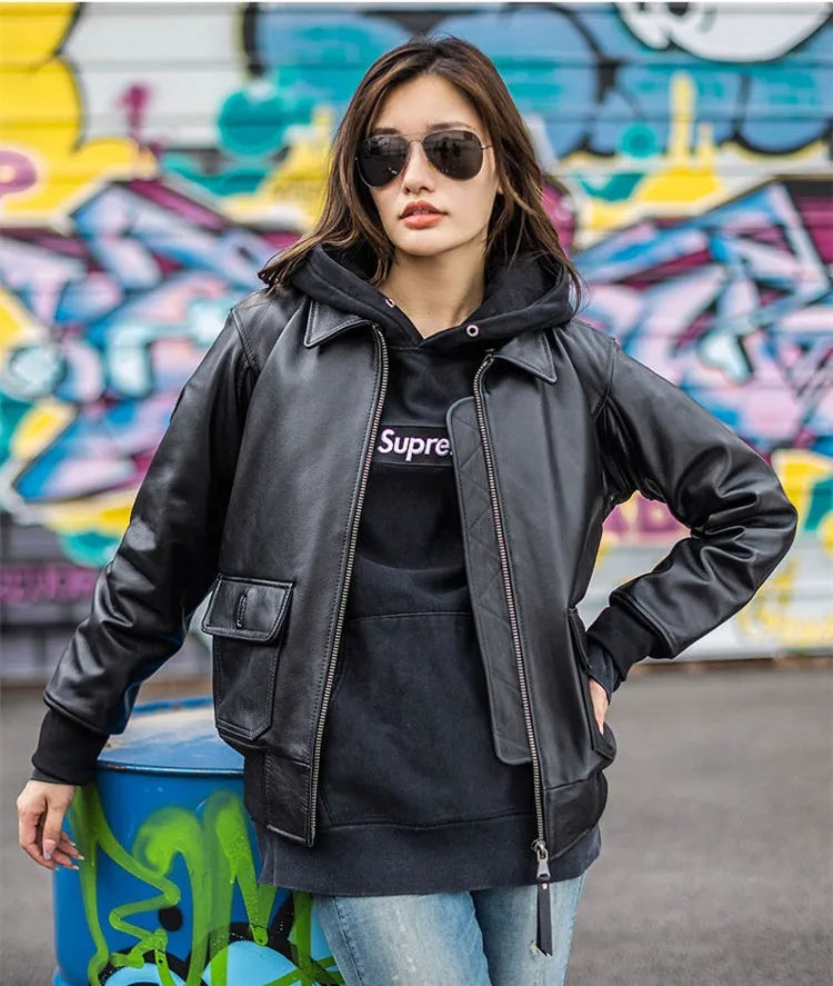 Dark Brown Autumn Leather Jacket Women Retro Style Plus Size 3XL Genuine Natural Cowhide Wool Collar Military G1 Flight Coat