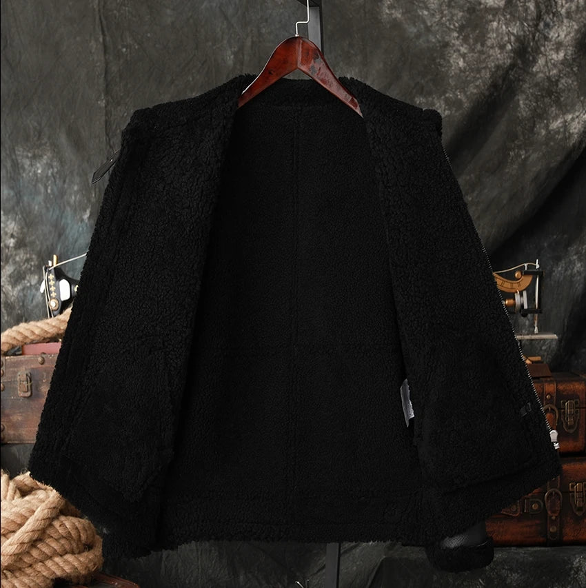 Black Winter Shearling Jacket Men Military Style Plus Size 5XL Genuine Natural Sheepskin Thick Warm Bomber Flight Coat
