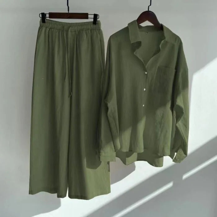 Retro Large Size Cotton Linen Shirt Set High Waist Loose Pants Two Piece Set Women's Clothing Casual Fashion Summer Season