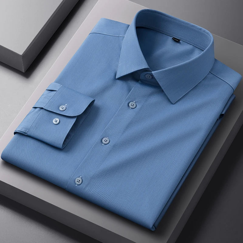 Bamboo Fiber Solid Color Long Sleeve Shirts for Men Slim Fit Formal Plain Shirt Work Anti-Wrinkle Tops Soft Office Clothes