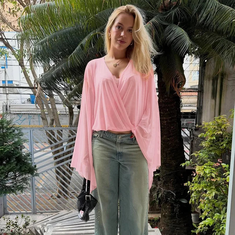 Elegant Pure Color V-Neck Mesh Splice Bell Sleeve Crop Top Women's Fashion Street Style Polyester Long Sleeve T-Shirt